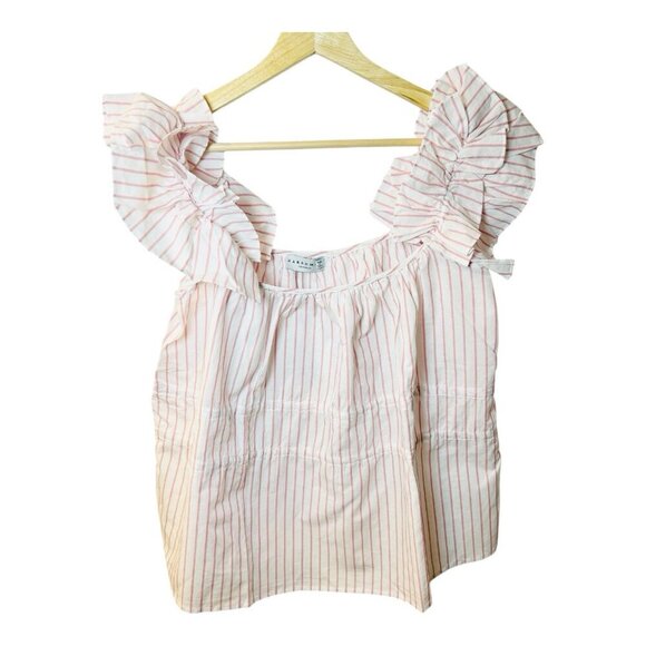 Harshman Alize Striped Ruffle Trim Peplum Linen Blouse Top Medium Pink White - Picture 3 of 7